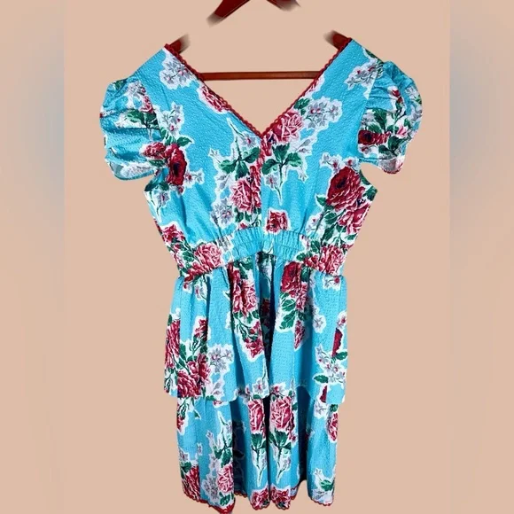 Betsey Johnson Teal Blue Floral Babydoll Tiered seersucker Tea Dress - Picture 4 of 10